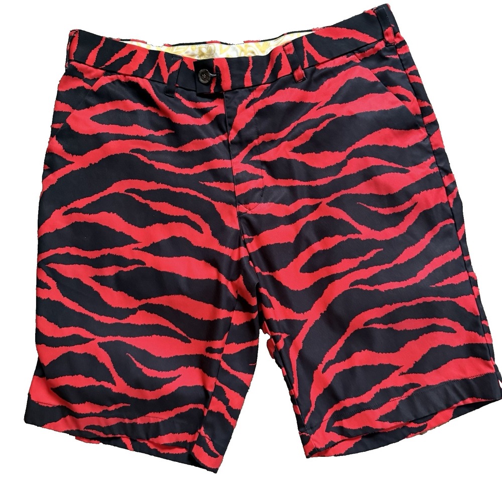 Loudmouth Golf Shorts Men 36 Red Black Tiger Print Stretch 11 Inseam